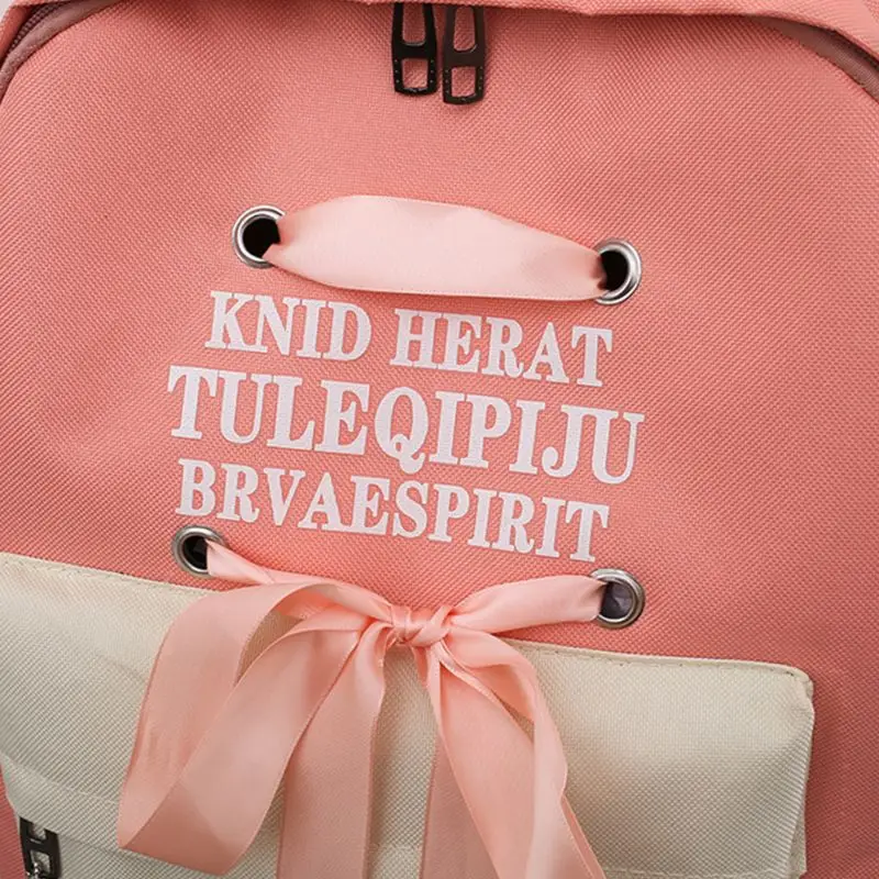 

4Pcs Canvas Backpack Ribbons School Daypacks Bookbag Shoulder Bag Purse Pencil Case Set for Teenagers Girls Student