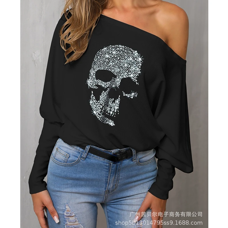 

WEPBEL T-shirt Women's Casual Skull Printed Loose T-shirt Summer Fashion Long Sleeve Pullover Slash Neck T-shirt Top