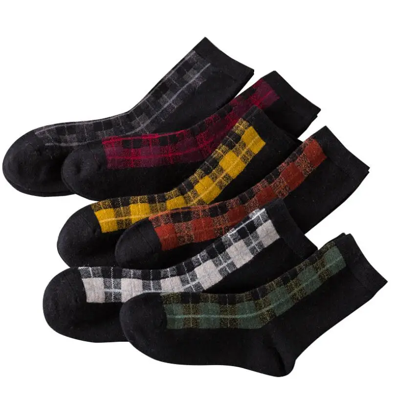 Women Solid Plaid Cotton Socks Girls Black Base Checks Ankle Socks Mustard Plaid Socks Black White Plaid Socks 6 pairs/lot