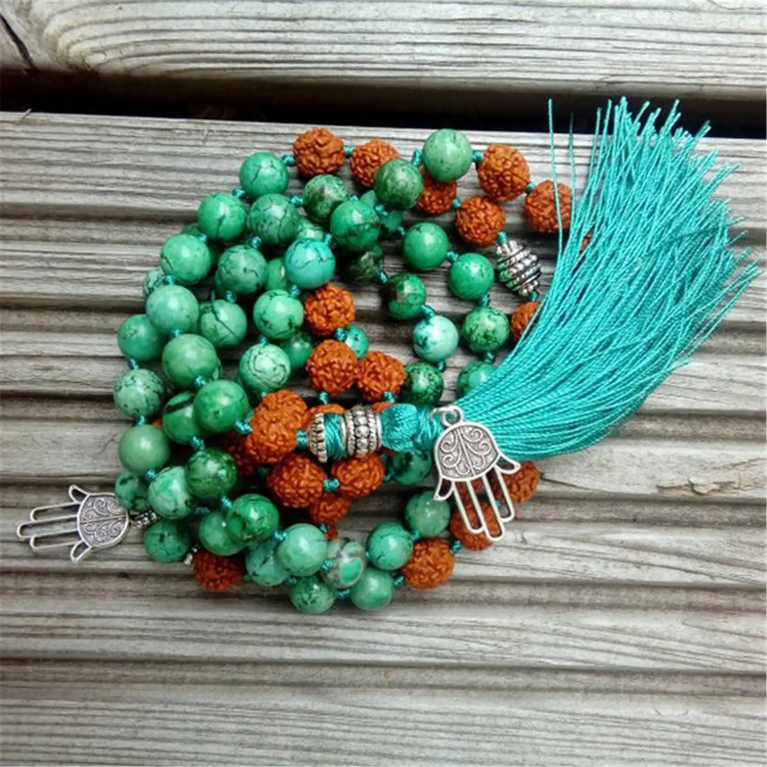 

8mm Turquoise Rudraksha 108 Beads Handmade Tassel Necklace Mala Retro Meditation Wristband Yoga Tibetan Japa Religious