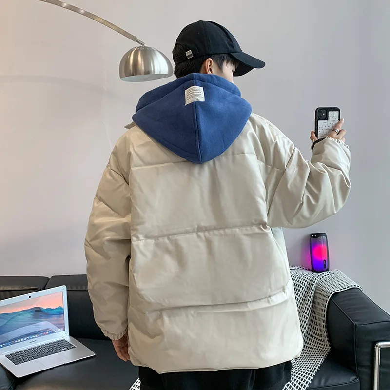 Fake Two-piece Hooded Cotton Coat Men 2021 Korean Fashion Ins Loose Casual PU Leather Coat Couple Cotton Coat Winter Jacket