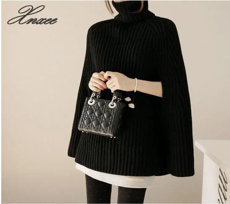 Women's new autumn and winter split fork high collar wild poncho knit sweater