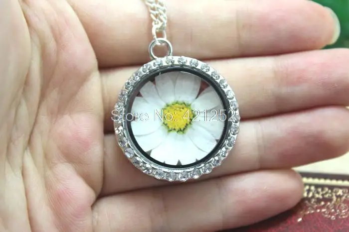 6pcs silver Window rhinestone Locket Necklace colorful real dried Chrysanthemum flower Glass locket necklace Jewelry - купить по