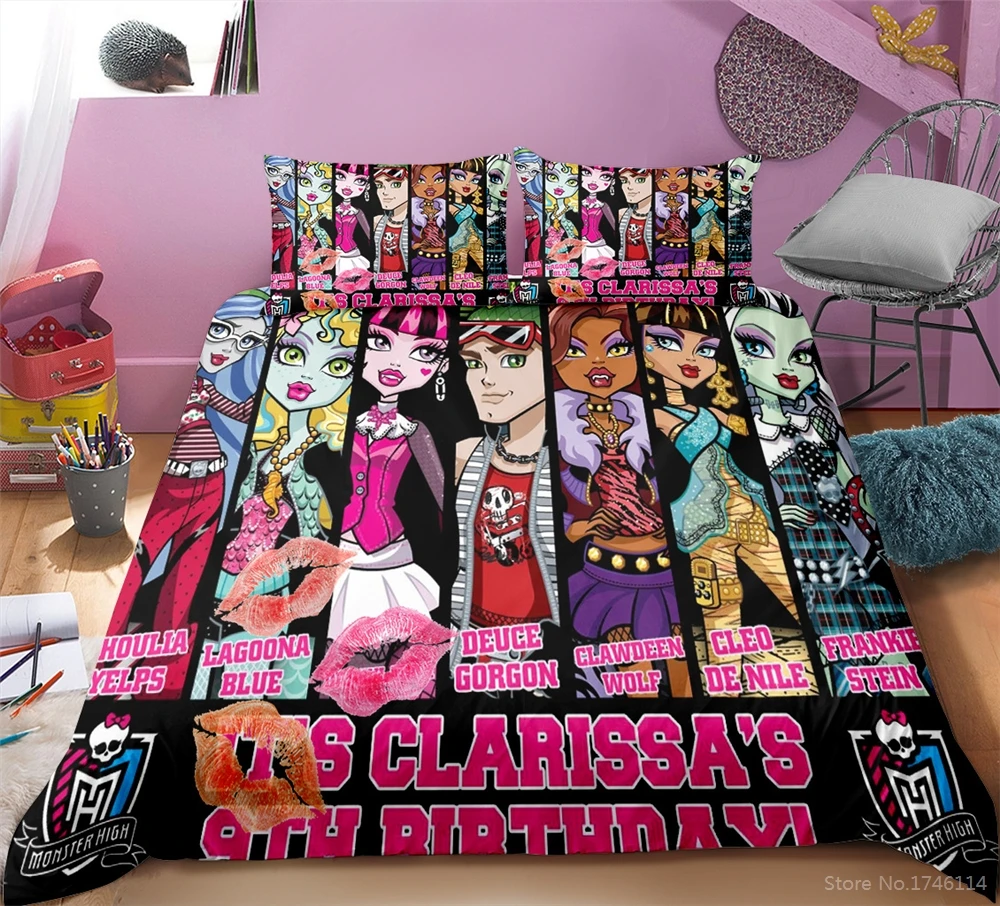 

Monster High Frankie Stein Duvet Cover Set 3D Cartoon Printed Bedding Set Queen King Size Comforter Cover with Pillowcase Set