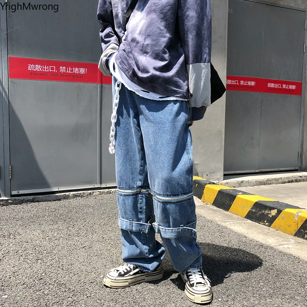 Мужские и женские уличные панк корейские джинсы Harajuku съемное кольцо с молнией пояс Завитая лента свободные джинсовые женские укороченные брюки больших размеров шаровары Хип-хоп