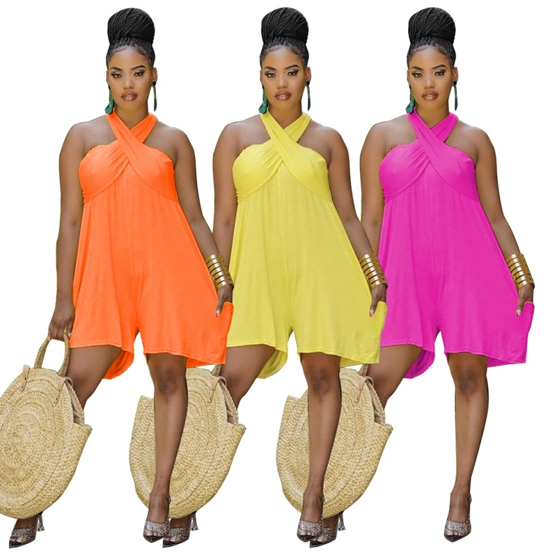 

ZKYZWX Summer Backless Off Shoulder Playsuit Loose Pocket Sexy Outfits for Women Y2k Clothing One Piece Night Club Short Rompers