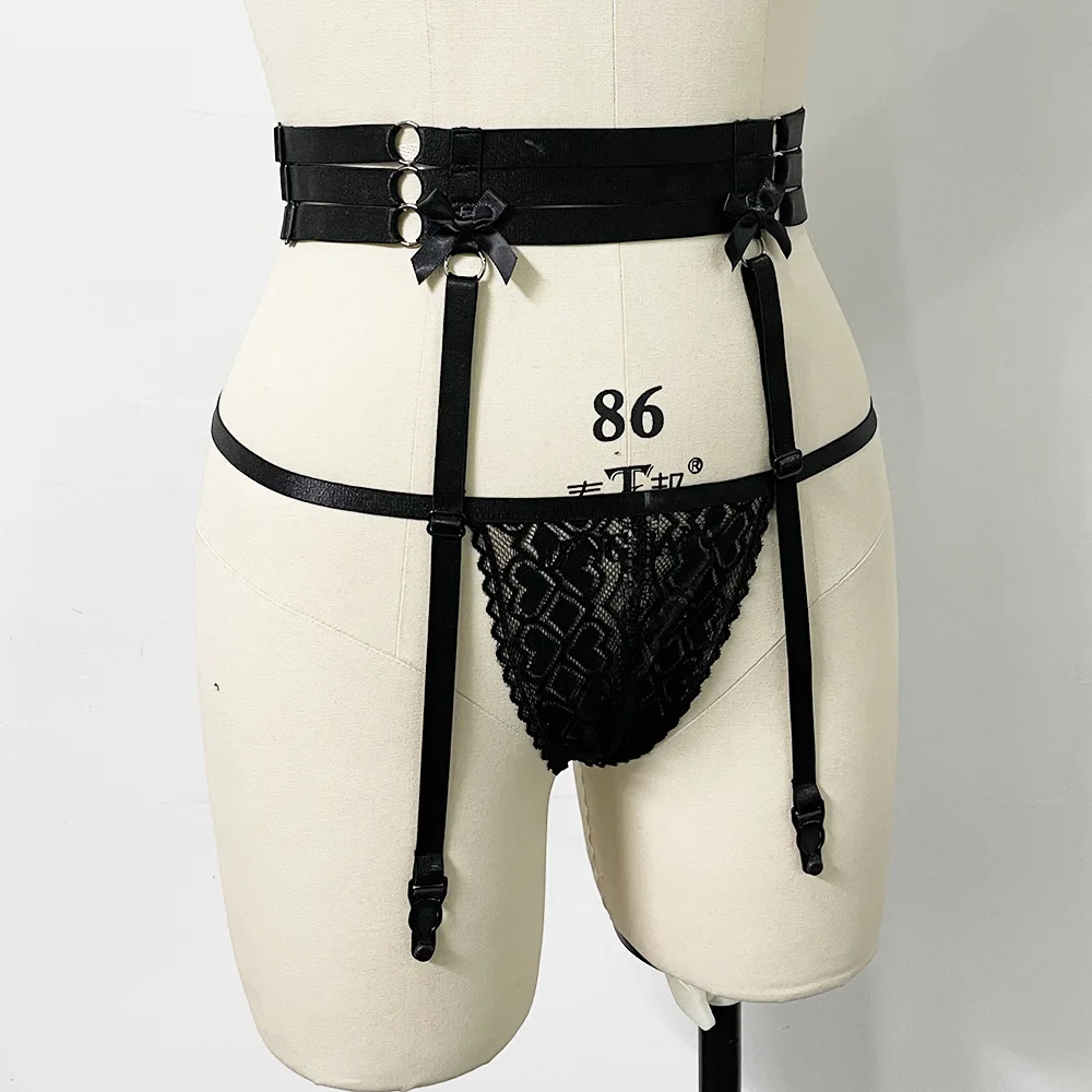 Black Bow Harness Garter Belt Elastic Lace Pantie G-String Sexy Lingerie Hollow Body Cage Goth Rave Bondage Body Harness Garters