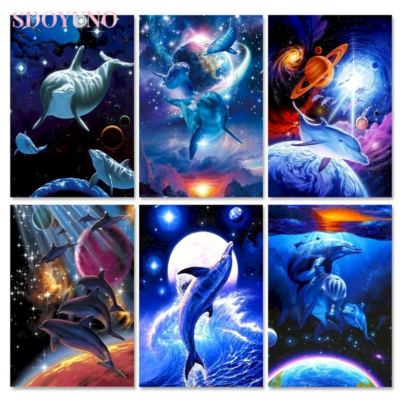

SDOYUNO Dolphins Picture By Number Dog Animal Kits For Adults Handpainted DIY Oil Painting By Number Home Decoration