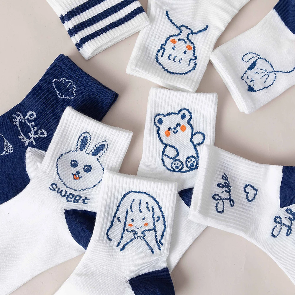 

5 Pairs Women Socks Set Kawaii Cartoon Cute Bear Cat Breathable Sports Socks Blue White Funny Happy calcetines skarpetki damskie