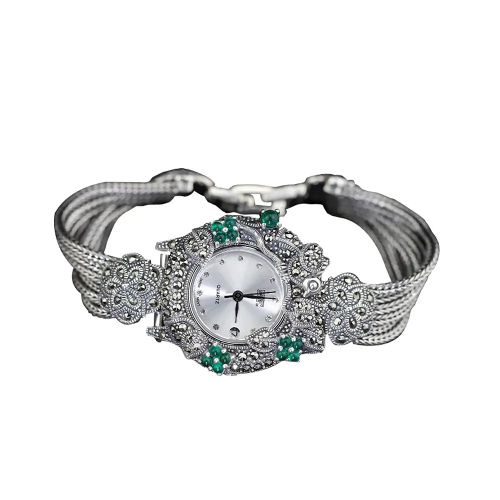 

Jade Angel 925 silver Wheat chain Women's Watch 925 Sterling Silver Thailand Vintage Style Pave Synthesis Green Onyx Marcasite W