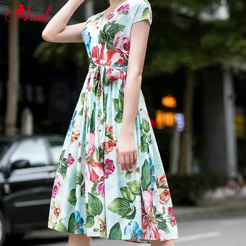

Designer 2020 Fashion Runway Summer Sexy Belt V-neck Dress Female Short sleeve Blue Flower Print High Elegant Midi Dress New