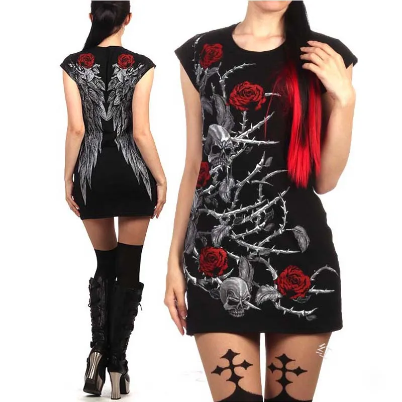 5XL размера плюс Хэллоуин ужас череп Роза печати Тонкий Мини платье для женщин