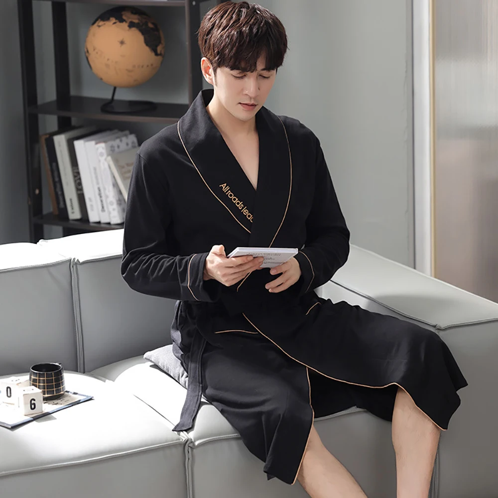 

2021 Autumn Winter Loose Casual Bathrobe Men Dressing Gown Kimono Man Bath Cotton Long Sleeve V Neck Pijama Luxury Robe Dresses