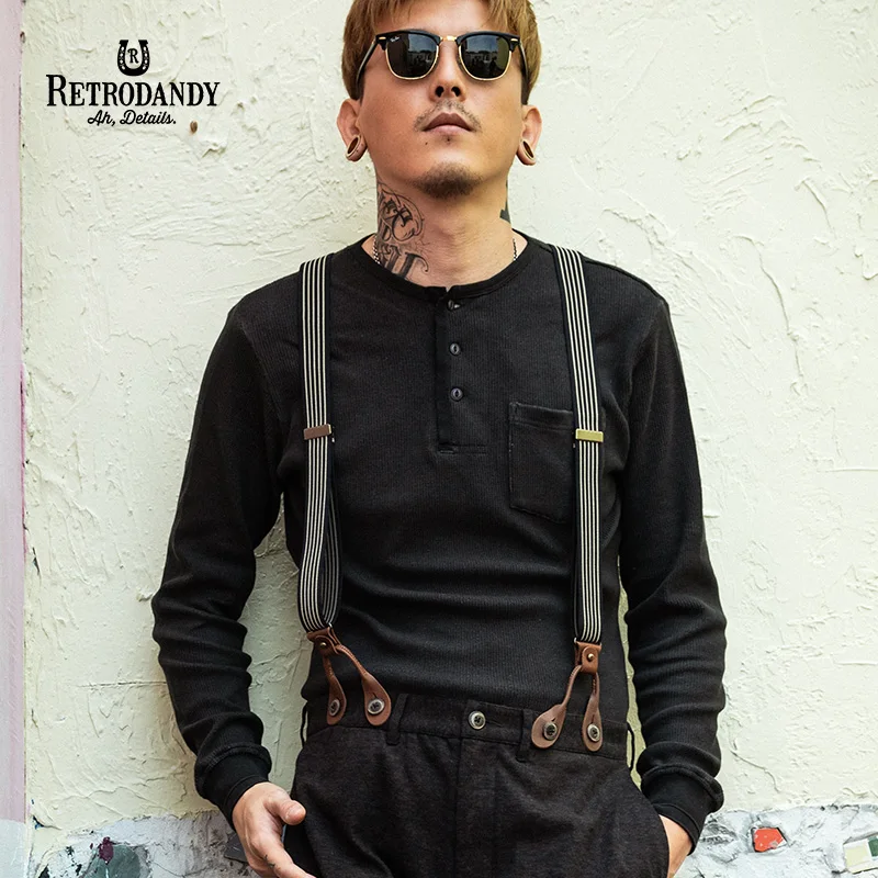 

RETRODANDY TShirt Waffle Henley Long Sleeve T-Shirt Streetwear Vintage Retro Amekaji Thick Tops Tees