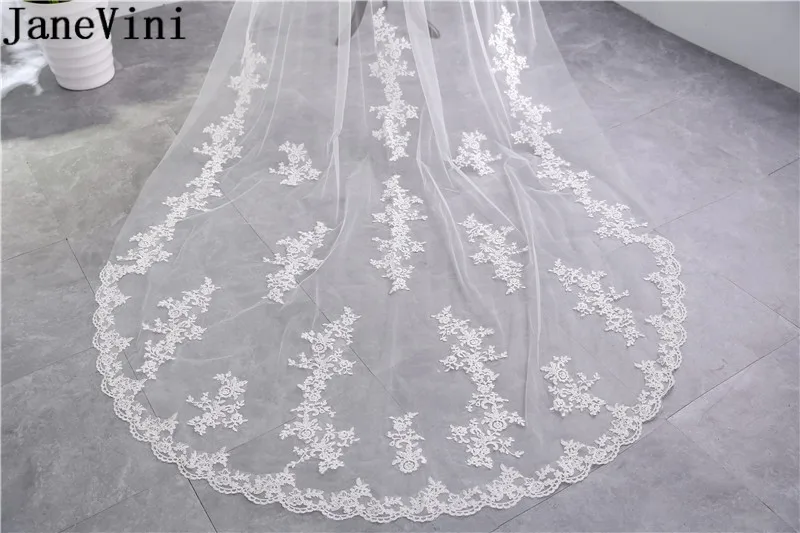 JaneVini 2 слоя собора Длинная свадебная фата белая кружевная кромка Аппликация