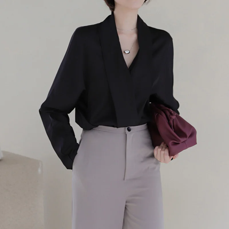 2020 весенние винтажные шелковые блузы с v-образным вырезом женские рубашки