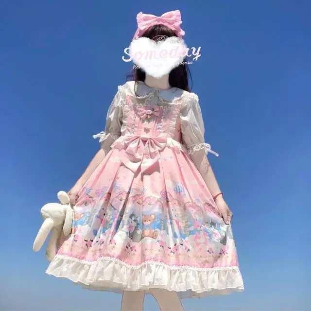 

Summer Japanese Lolita Amusement Park Bear Party Dress Cute Jsk Suspender Dress Women Sweet Ruffle Loli Kawaii Dress