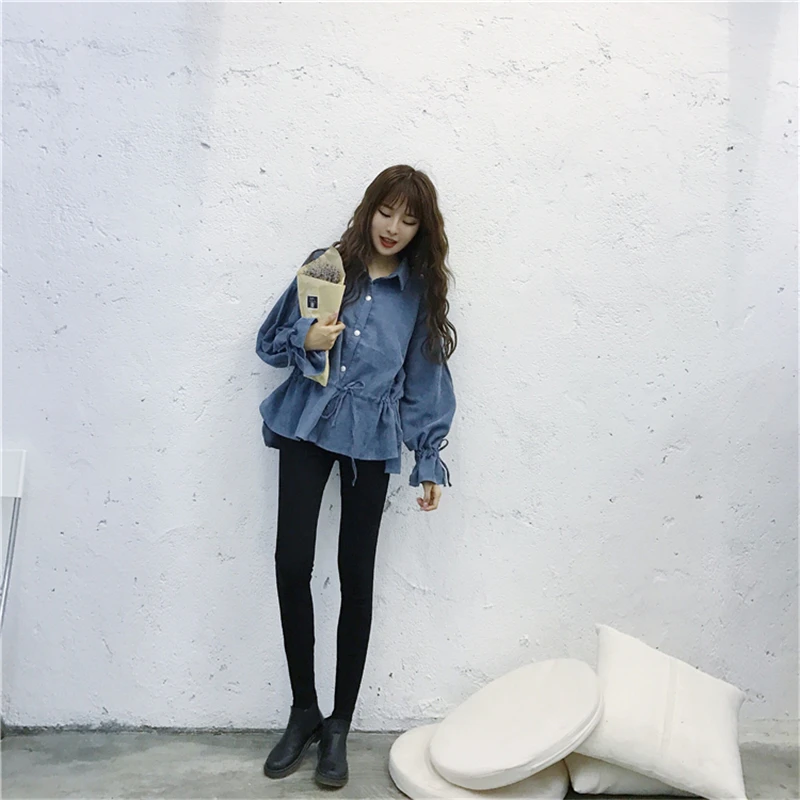 

Solid Color Block Long Sleeve Corduroy Women Jacket Drawstring Autumn Jacket Plus Size Ruffle Women Coat Clothing Y301