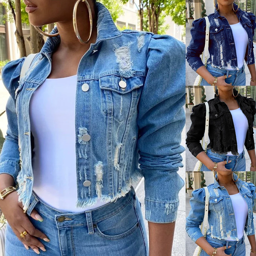 

2021 Big Sale Spring Women Sexy Ripped Denim Jackets Vintage Casual Short Jean Jacket Puff Sleeve Winter Female Coat Streetwear