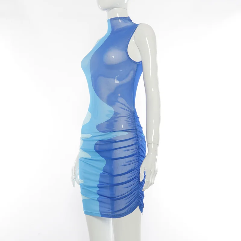 

Bangniweigou geometric color block tank dress women summer clothes bodycon mesh see through sundress casual mini robe dresses