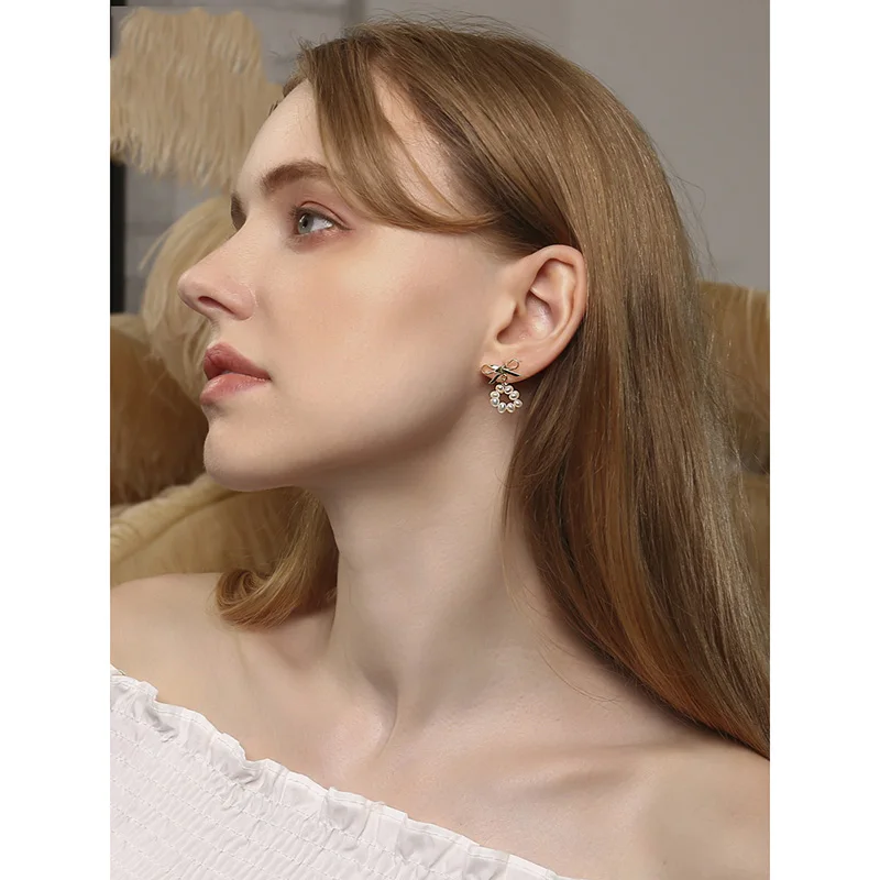 Женские жемчужные серьги CroRita круглые подвески с бантом очаровательные