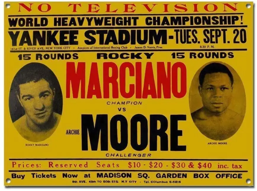 

Rocky Marciano Vs Archie Moore Mancave Gym Retro Metal Tin Sign Plaque Poster Wall Decor Art Shabby Chic Gift