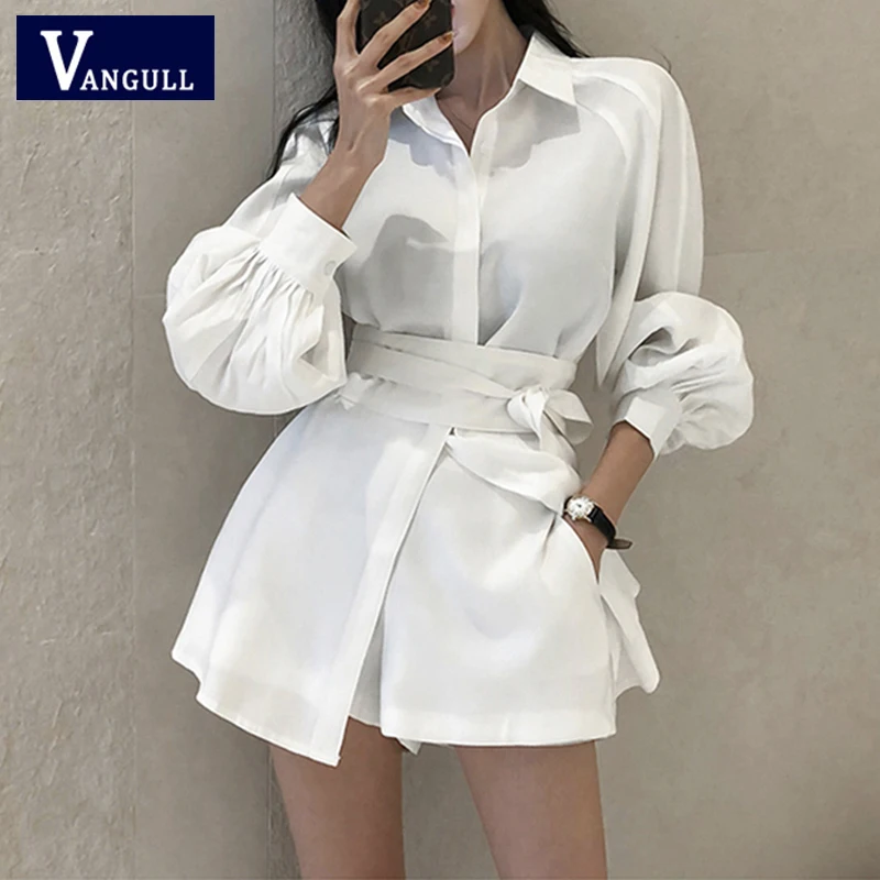 

Vangull летние новые белые комплекты, женская рубашка с поясом, шорты с широкими штанинами, комплект из двух предметов, женские повседневные ко...