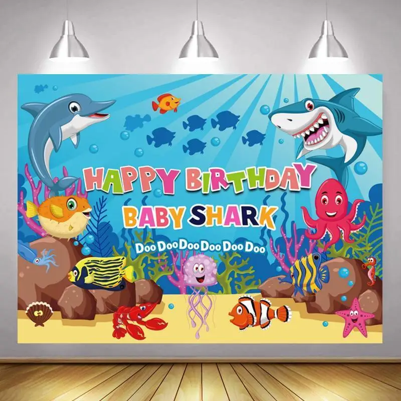

Cartoon Shark Squid Starfish Baby Undersea World Background Child Birthday Party Decoration Studio Photography Scene Cloth