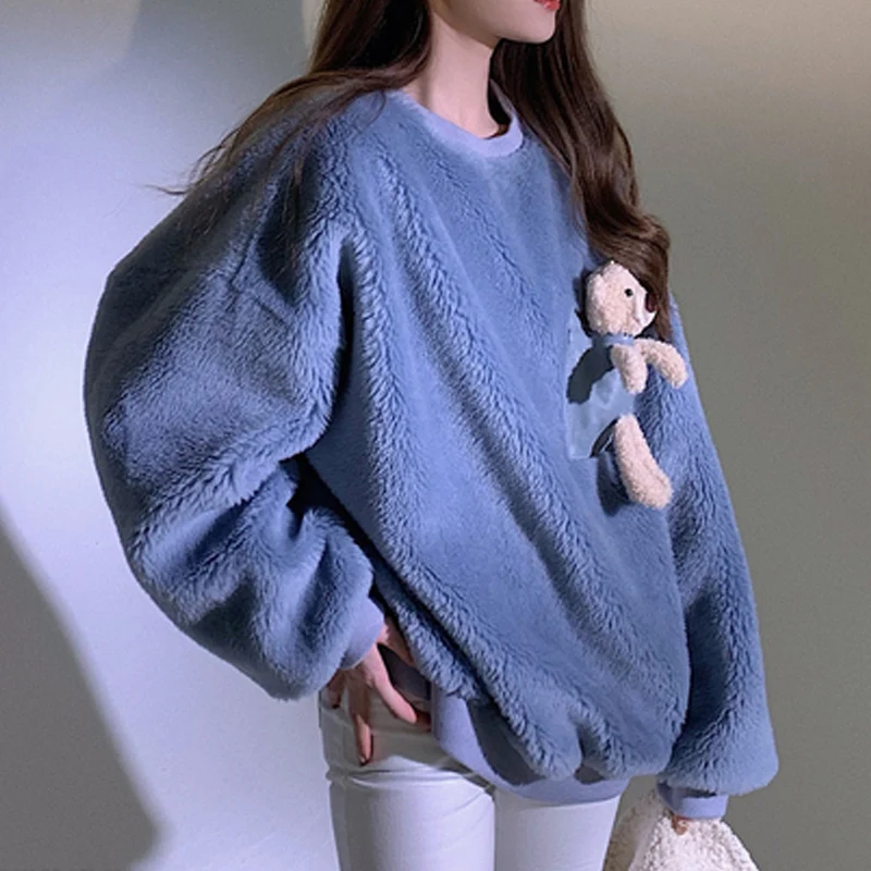 

2021 New Harajuku Cute Lazy Autumn And Winter Plus Velvet Loose Lamb Wool O-Neck Solid Hoodie Women Kawaii Clothes Y2k Top