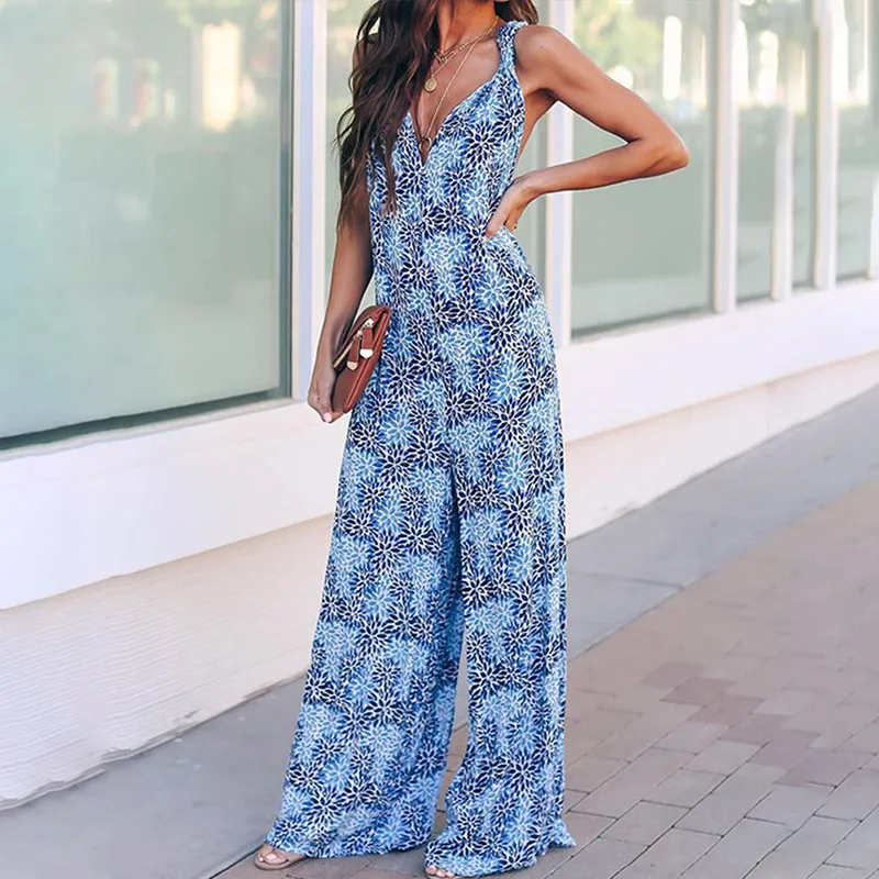 Женский комбинезон с v образным вырезом и принтом в стиле бохо Летний широкими