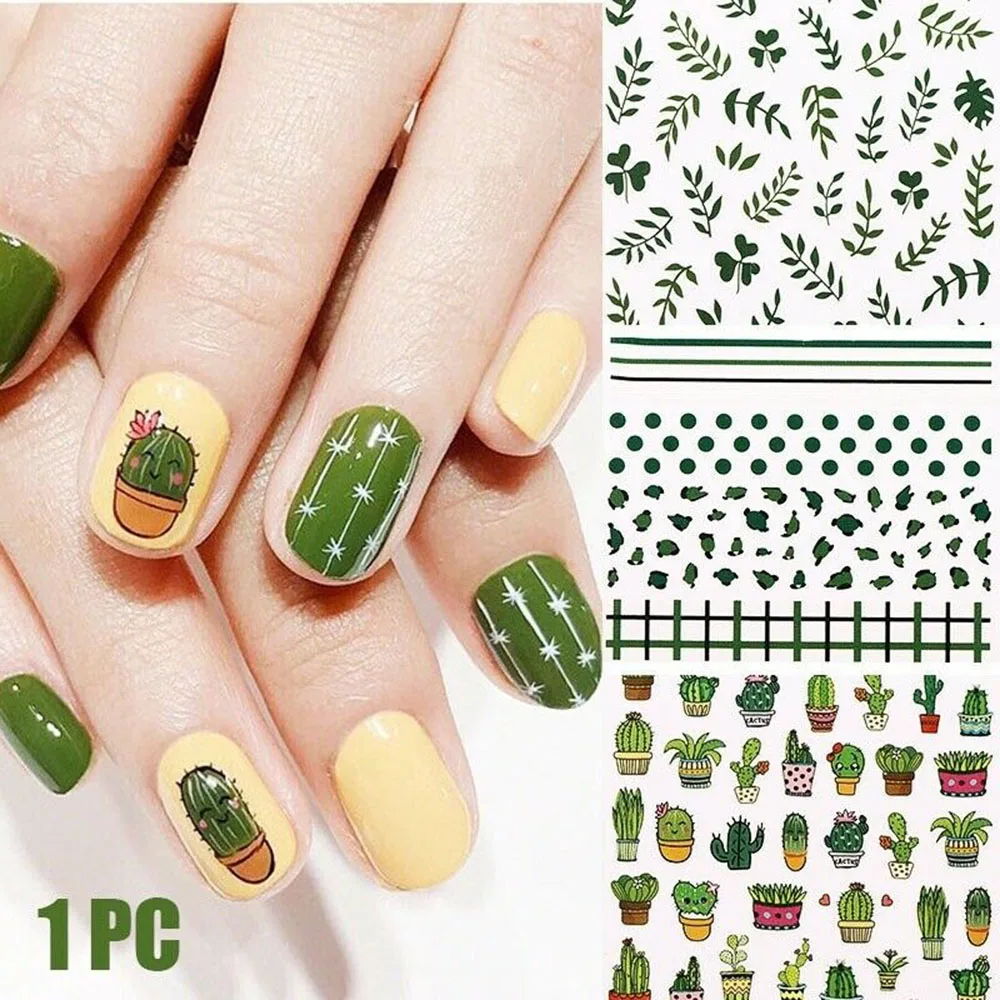 Наклейки для ногтей с зелеными листьями кактусами волнистыми точками 2019 |