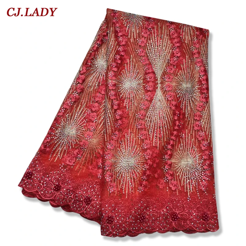 

Red nigerian guipure lace fabric 2021 high quality embroidered african cord laces fabrics 5 yards/piece for Party Wedding Dress