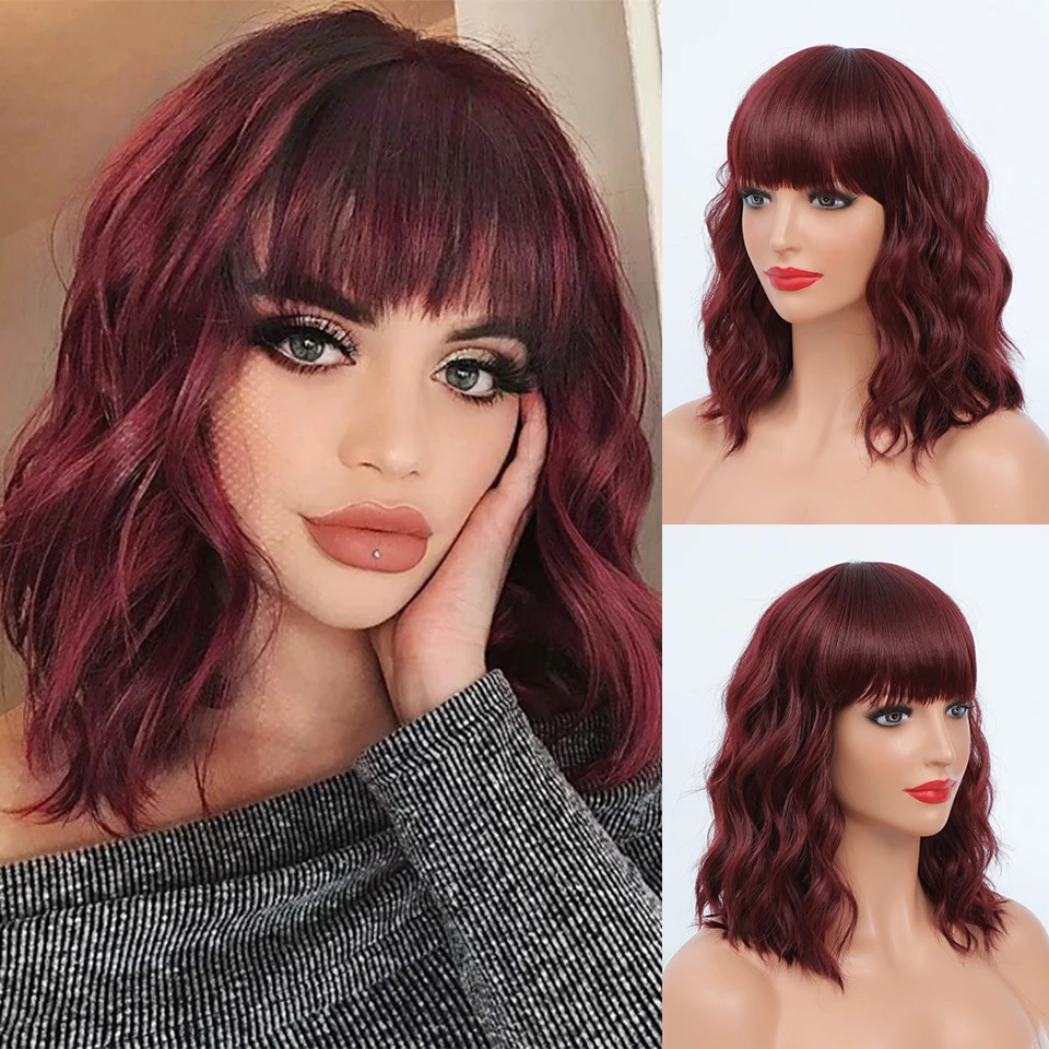 

Women's Wigs Red Wig Synthetic Hair BOB With Bangs Natural Curly Fringe Short Bob 99J Burgundy Kanekalon Colored Red Hair Wig