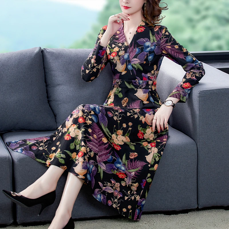 

COIGARSAM Women Dress Spring 2021 New Fashion Print Full Sleeve High Waist V-Neck Purple Yellow Dresses Traf Robe Vestidos