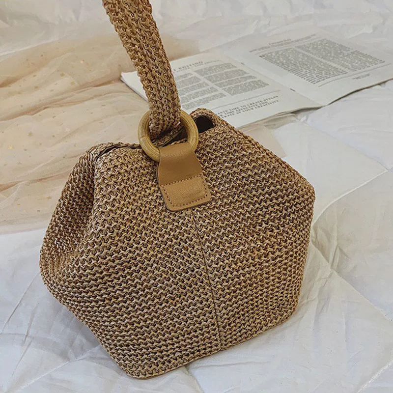 

Straw Shoulder Bag Straw Clutch Women Handmade Circular Ring Straw Bucket Bag Summer Beach Supply J55