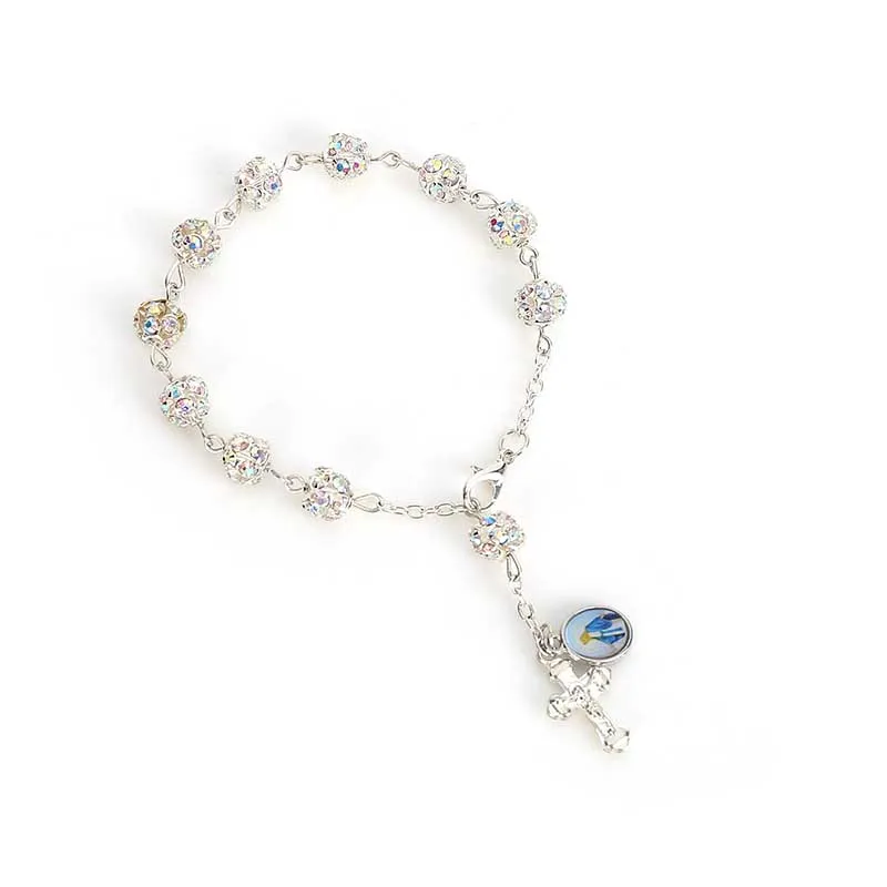 Браслет католический розовый с искусственным жемчугом и кристаллами для детей |