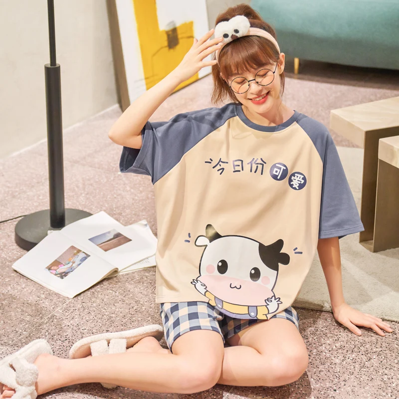 

Women's Cute Cotton Cartoon Happy Calf Print Sweet Short Sleeve Summer Pajamas Set Fashion Blue Patchwork Plaid Shorts Homewear