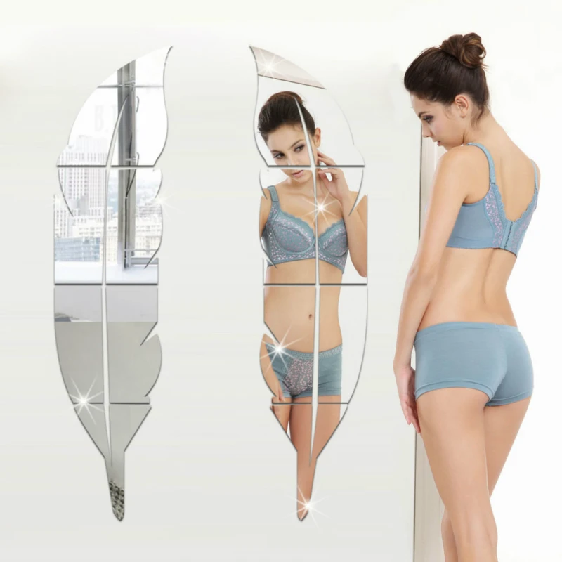 Акриловое зеркало с большим пером 120 см х 30 для украшения дома самоклеящееся DIY 3D