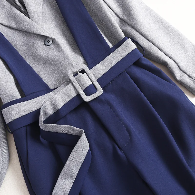 OL Tracksuit 2020 Spring Autumn Fashion Blazer Sets Women Notched Collar Grey Blazer Jacket+Full Length Strap Pant Set
