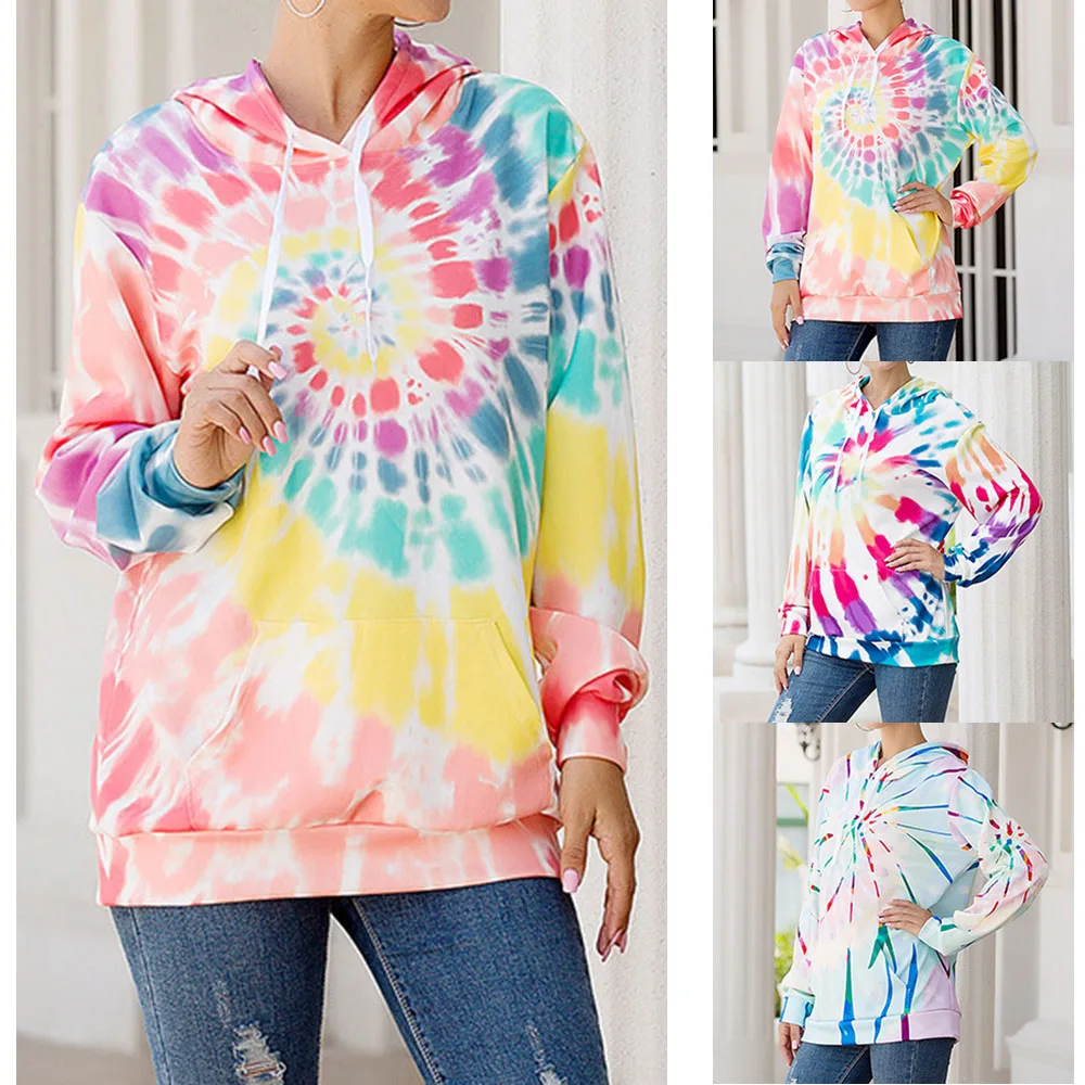 Coolwife Tie Dye Толстовка для мужчин и женщин на осень зиму шнурке Пастельная с длинным