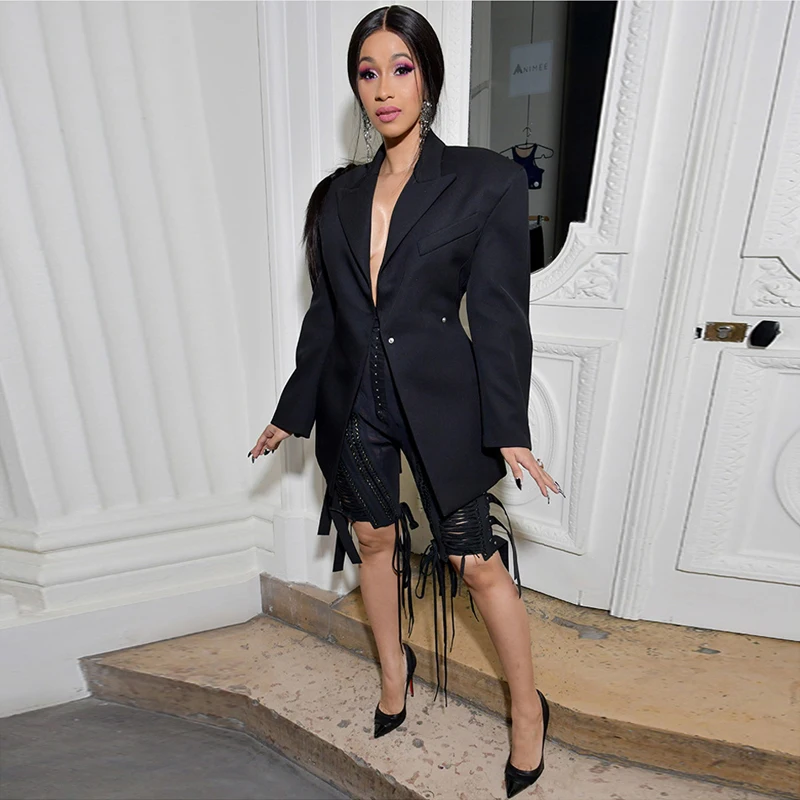 PinePear beauty Cardi B, длинный рукав, открытая спина, черный Женский блейзер, зима, подиумный Блейзер, высокая уличная длинная куртка, Прямая поставка
