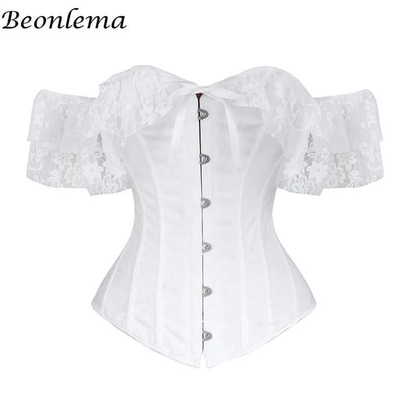 Beonlema/женские сексуальные корсеты, бюстье, кружевное нижнее белье, шнуровка, Бурлеск Готический корсет, корсет с открытыми плечами, белый лиф