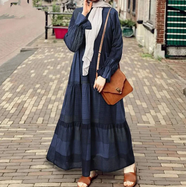 

Women's Muslim casual ruffled cuff elastic cuff retro floral long dress