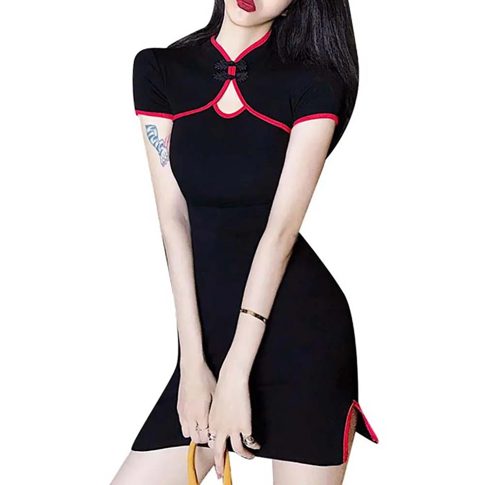 

Retro Gothic Black Bodycon Mini Dress Women's Modern Chinese Cheongsam Style Mandarin Neck Sheath Qipao Dress Nightclub Wear