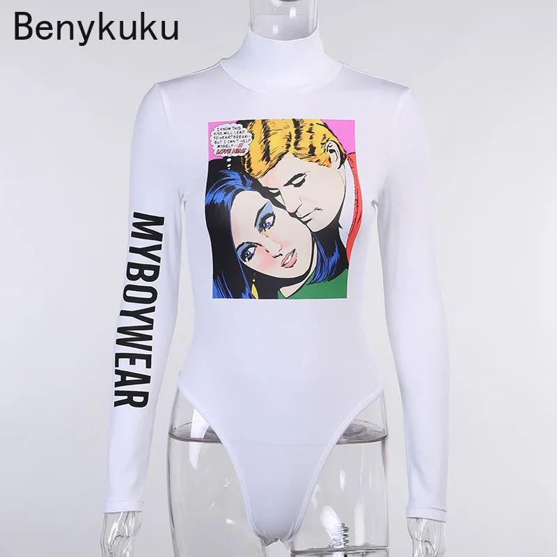 

Letter Print Bodycon Bodysuit Women Top Fashion Streetwear Autumn Female Punk White Sexy Casual Turtleneck Long Sleeve Bodysuits