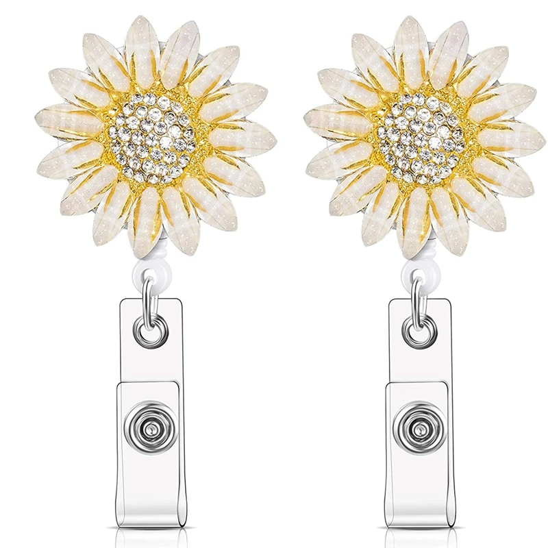 

2 Pcs Crystal Rhinestone Sunflower Badge Reel Retractable Badge Clip For Decoration Supplies