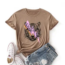 New Summer Women Tops Cartoon Tiger Graphic Printed T Shirt Fashion Round Neck Woman Clothing Short Sleeve Cotton Tshirts Tees