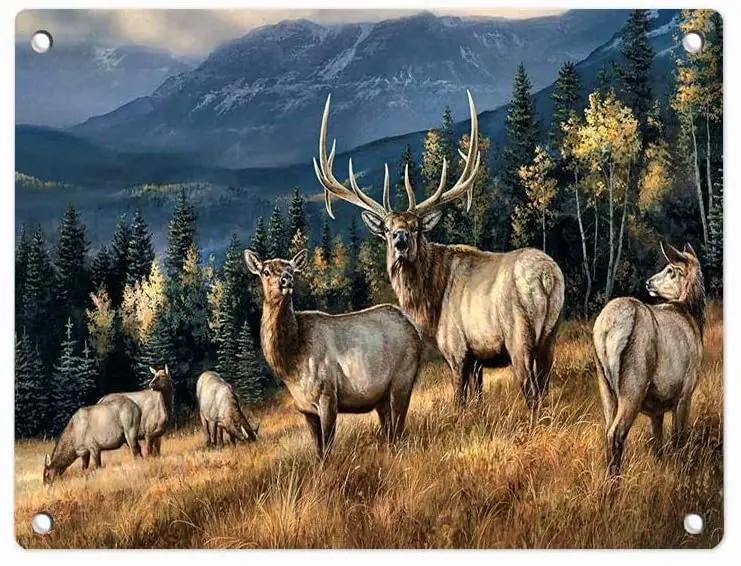 

Autumn Elk Wildlife Metal Tin Sign, Tin Poster, Wall Ornament Coffee Decor Art, Size 12" X 8"