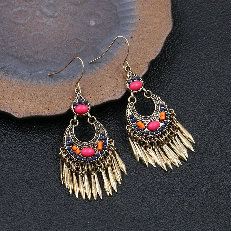 Богемные винтажные этнические длинные висячие серьги с синими бусинами золотые