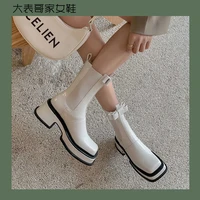 2021 autumn and winter new square toe chunky heel short celebrity same style platform martin boots smoke tube single for women